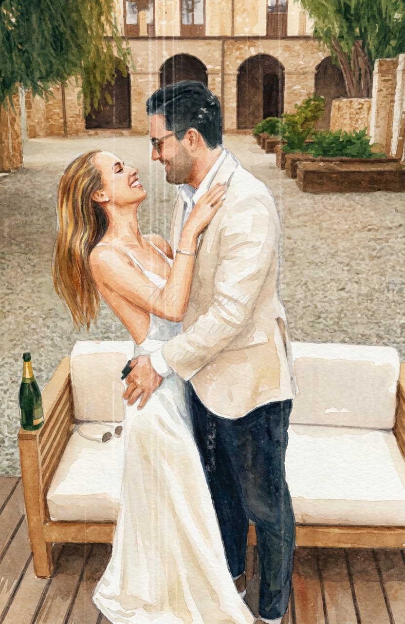 Christina und Fabian im Innenhof der Tenuta, Aquarell