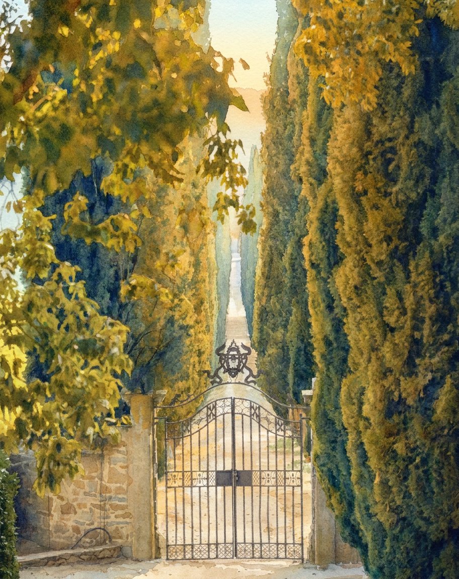 Zypressenallee und Tor der Fabbriche Palma, Aquarell