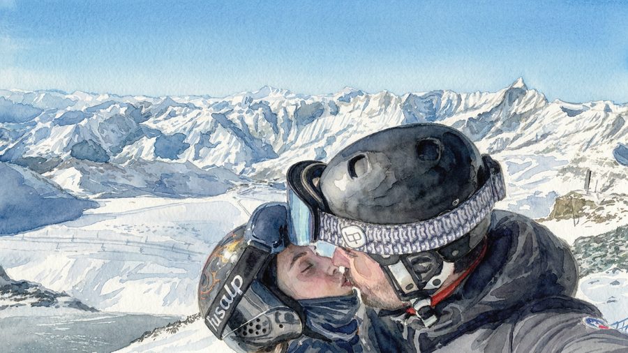 Skikuss in den Bergen, Aquarell