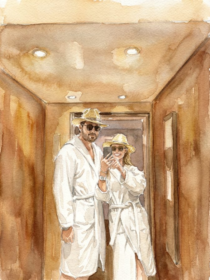 Im Bademantel mit Strohhut, Aquarell