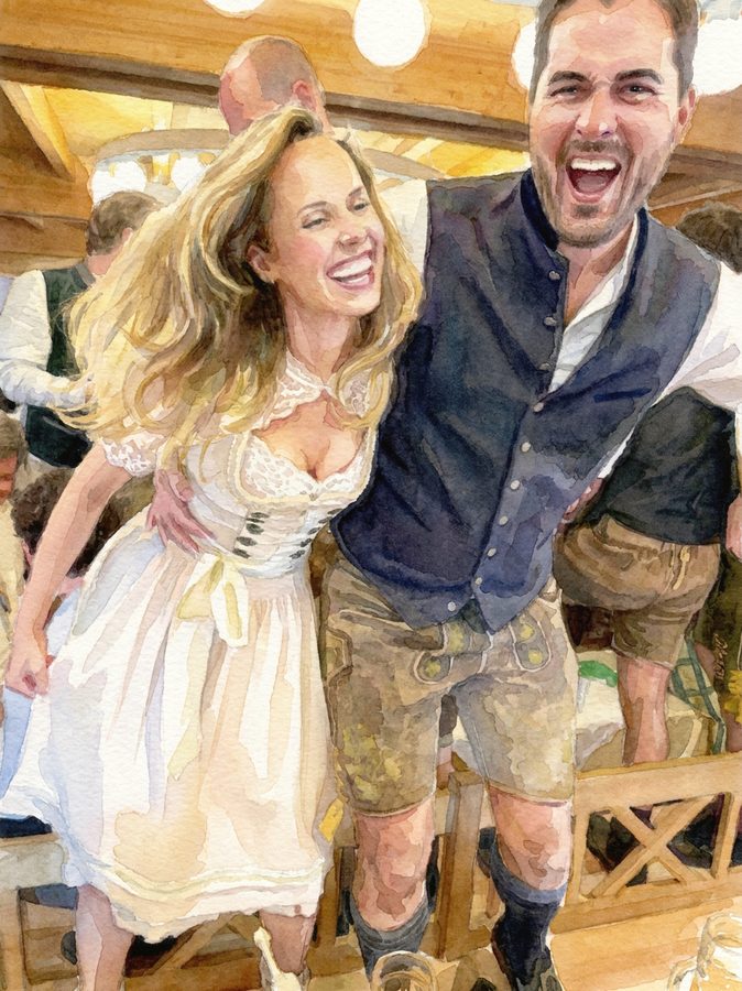 Tanzend auf der Bank, Aquarell